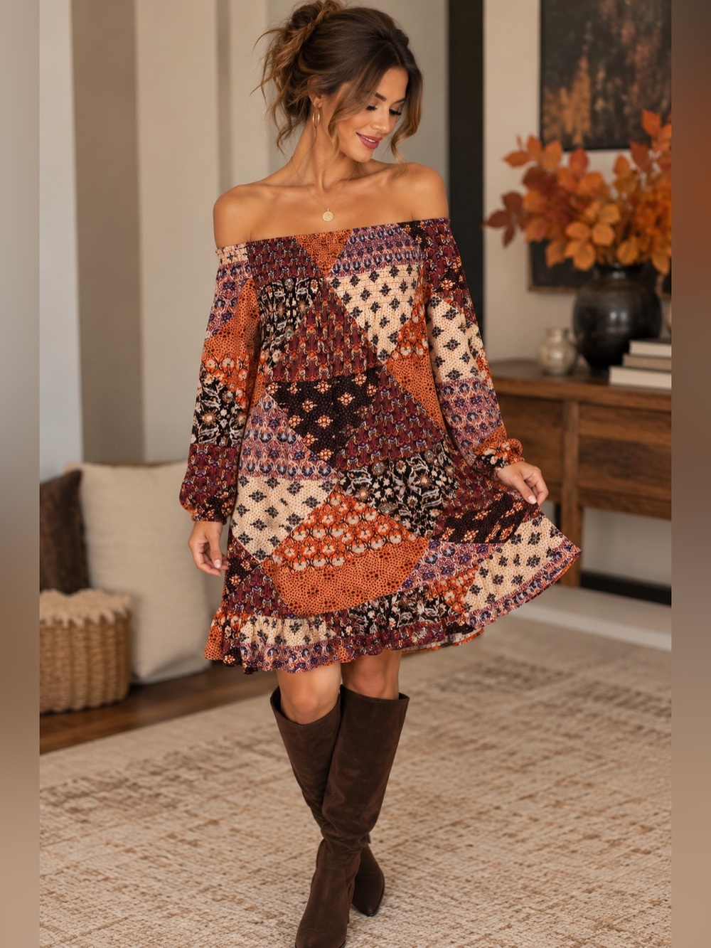 Band of Gypsies XS Boho Patchwork Off Shoulder Mini Dress Bell Sleeve